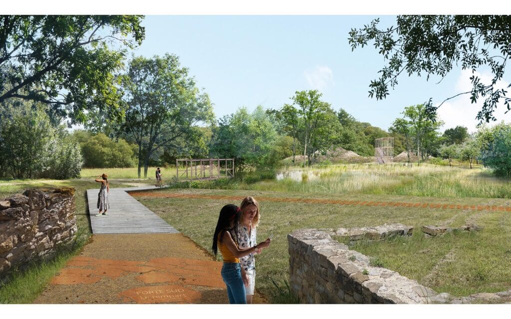 Mur d'enceinte et projection de l'ancien trait de côte